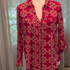 Maeve Button Down Blouse Womens 6 Fuschia Pleated Roll Tab Sleeve‎